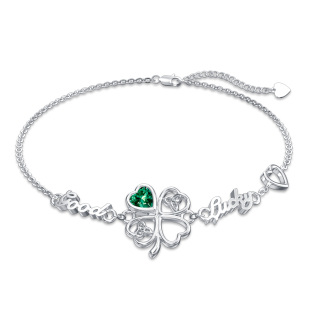 Sterling Silver Heart Cubic Zirconia Four Leaf Clover & Celtic Knot Charm Personalised Engraving Bracelet-12