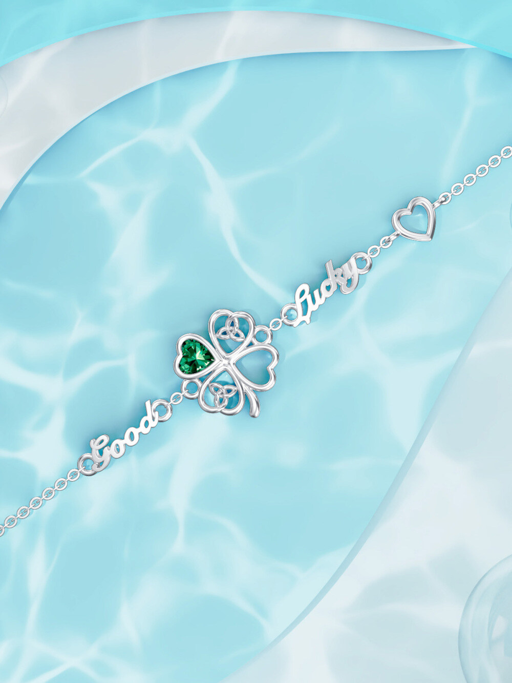 Sterling Silver Heart Cubic Zirconia Four Leaf Clover & Celtic Knot Charm Personalised Engraving Bracelet-4