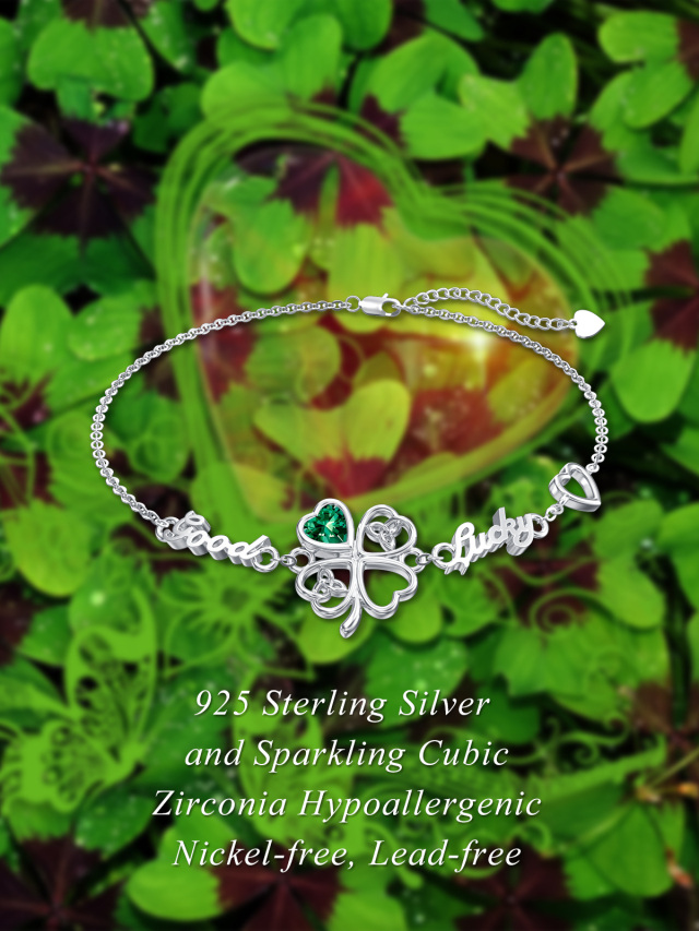 Sterling Silver Heart Cubic Zirconia Four Leaf Clover & Celtic Knot Charm Personalised Engraving Bracelet-6