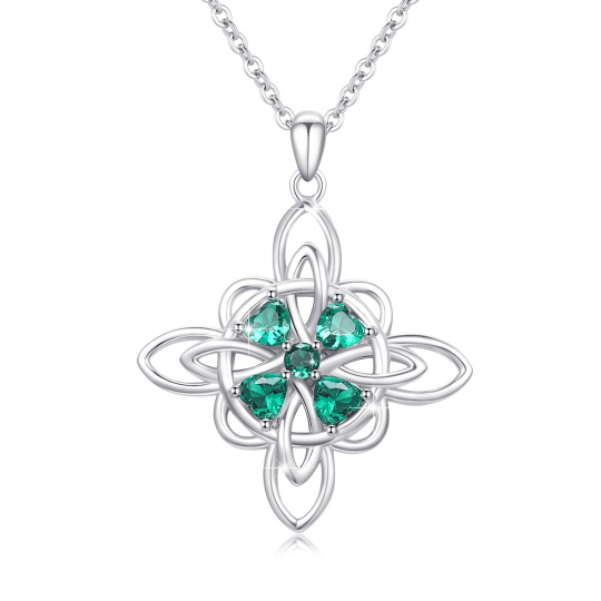 Sterling Silver Heart Shaped Cubic Zirconia Four Leaf Clover & Celtic Knot Pendant Necklace