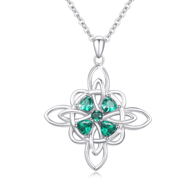 Sterling Silver Heart Shaped Cubic Zirconia Four Leaf Clover & Celtic Knot Pendant Necklace-1