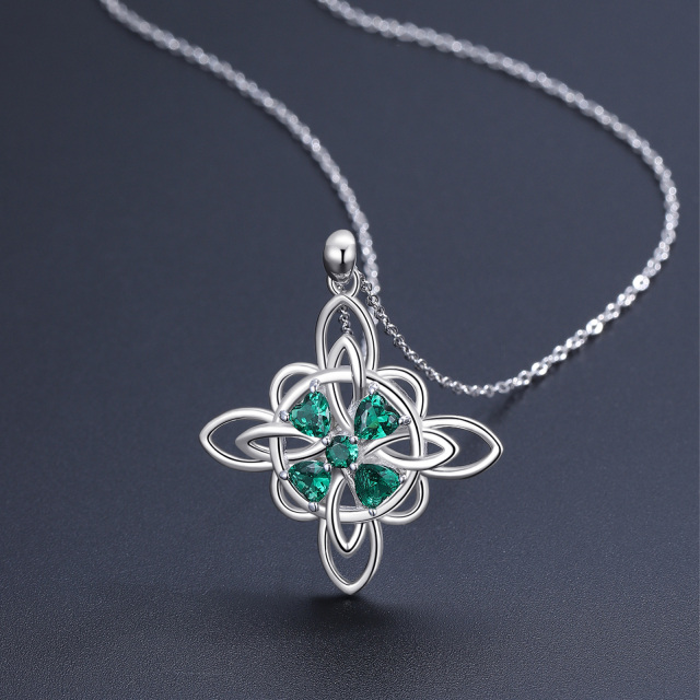 Sterling Silver Heart Shaped Cubic Zirconia Four Leaf Clover & Celtic Knot Pendant Necklace-4