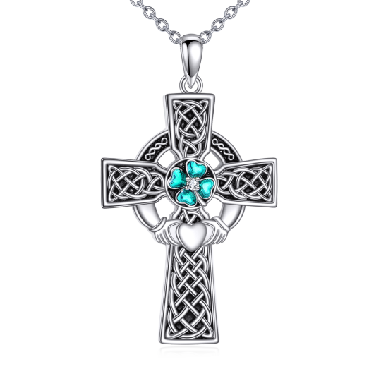 Sterling Silver Heart Cubic Zirconia Four Leaf Clover & Cross With Claddagh Pendant Necklace For Unisex