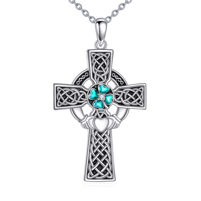 Sterling Silver Heart Shaped Cubic Zirconia Four Leaf Clover & Claddagh & Cross Pendant Necklace-3