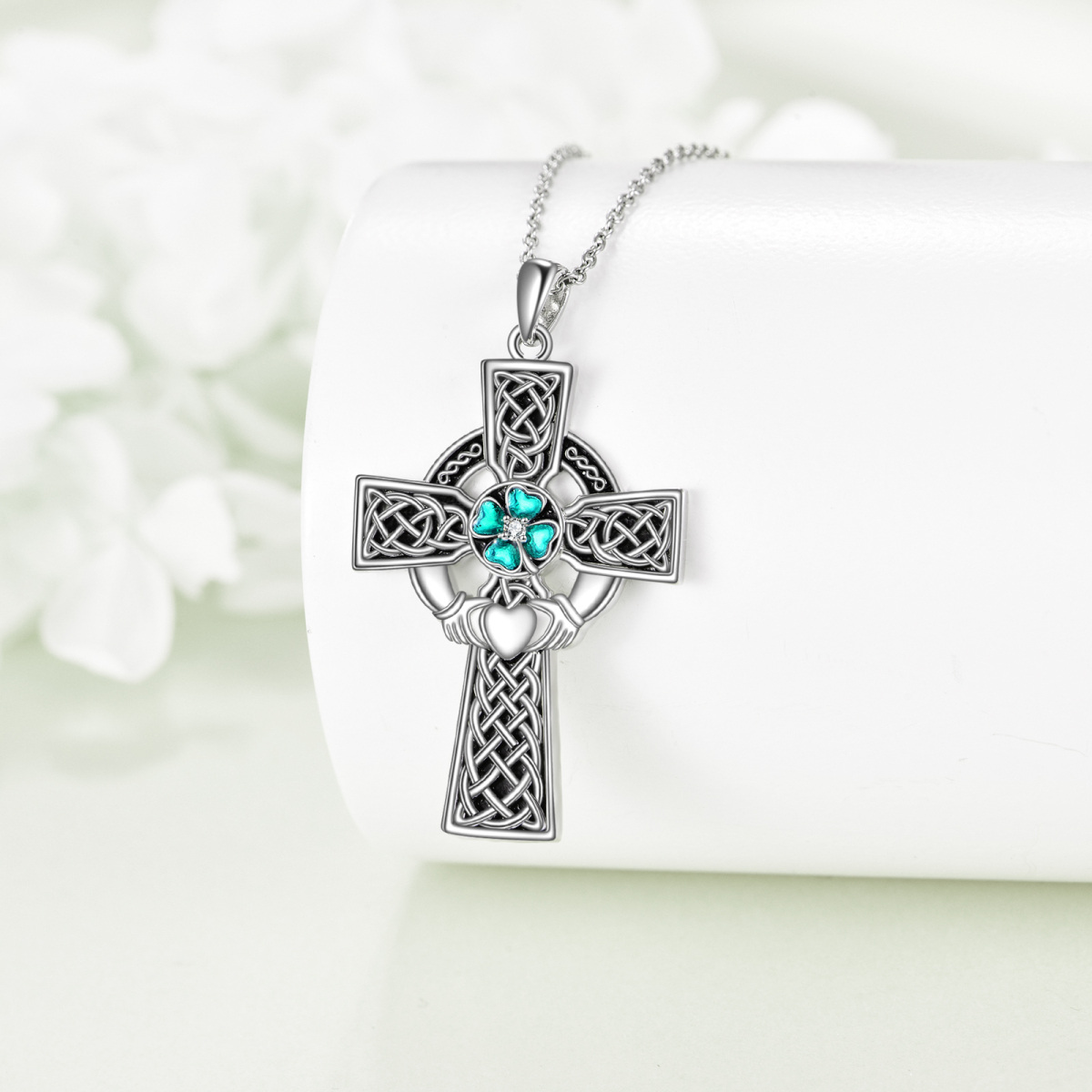 Sterling Silver Heart Shaped Cubic Zirconia Four Leaf Clover & Claddagh & Cross Pendant Necklace-4