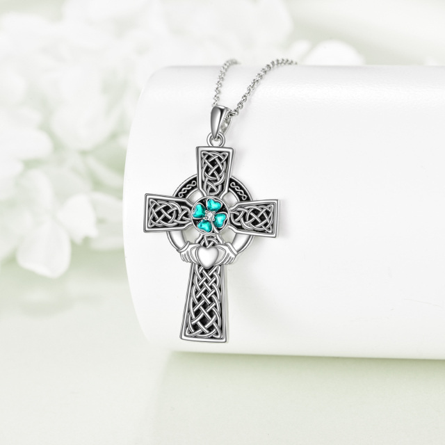 Sterling Silver Heart Shaped Cubic Zirconia Four Leaf Clover & Claddagh & Cross Pendant Necklace-4