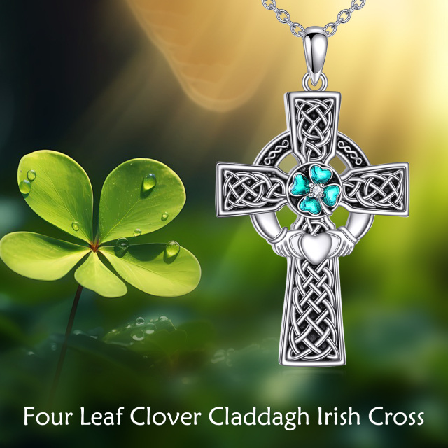 Sterling Silver Heart Shaped Cubic Zirconia Four Leaf Clover & Claddagh & Cross Pendant Necklace-6