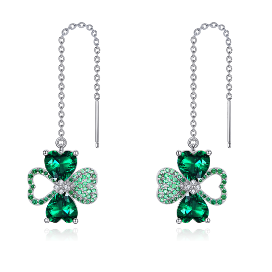 Sterling Silver Heart Cz Green Four Leaf Clover Drop Threader Earrings