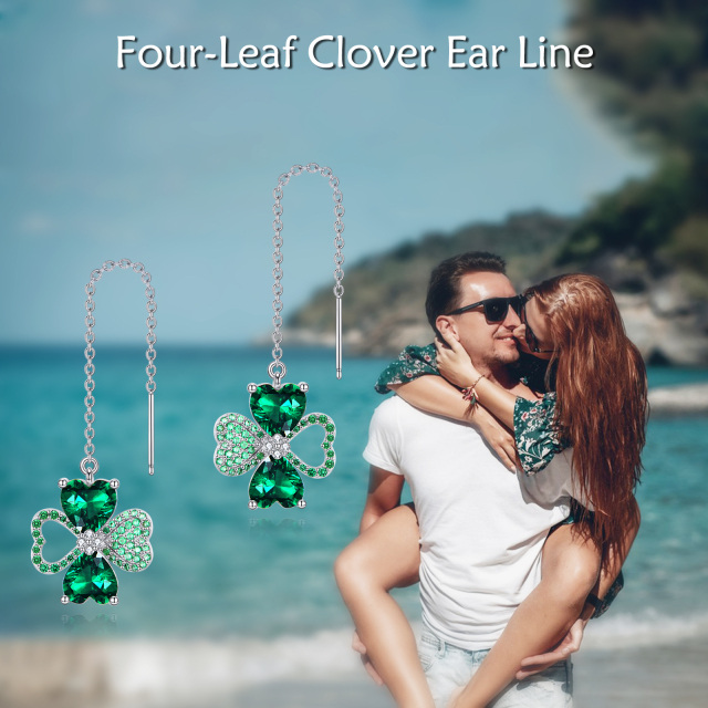 Sterling Silver Heart Shaped Cubic Zirconia Four Leaf Clover & Heart & Infinity Symbol Drop Earrings-6