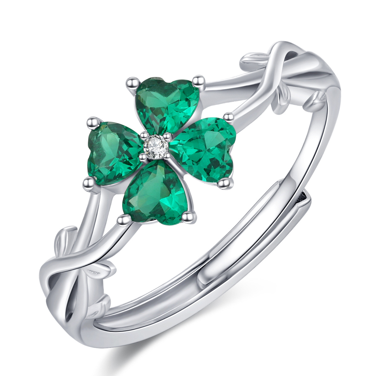 Sterling Silver Heart Shaped Cubic Zirconia Four Leaf Clover & Ivy Ring-1