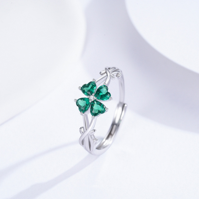 Sterling Silver Heart Shaped Cubic Zirconia Four Leaf Clover & Ivy Ring-4