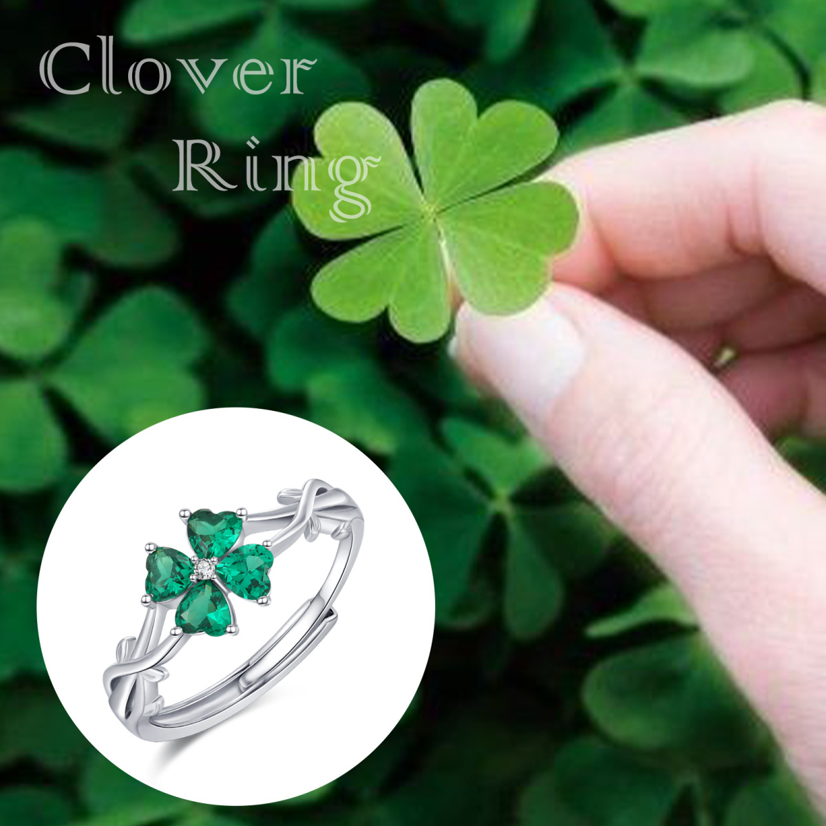 Sterling Silver Heart Shaped Cubic Zirconia Four Leaf Clover & Ivy Ring-5