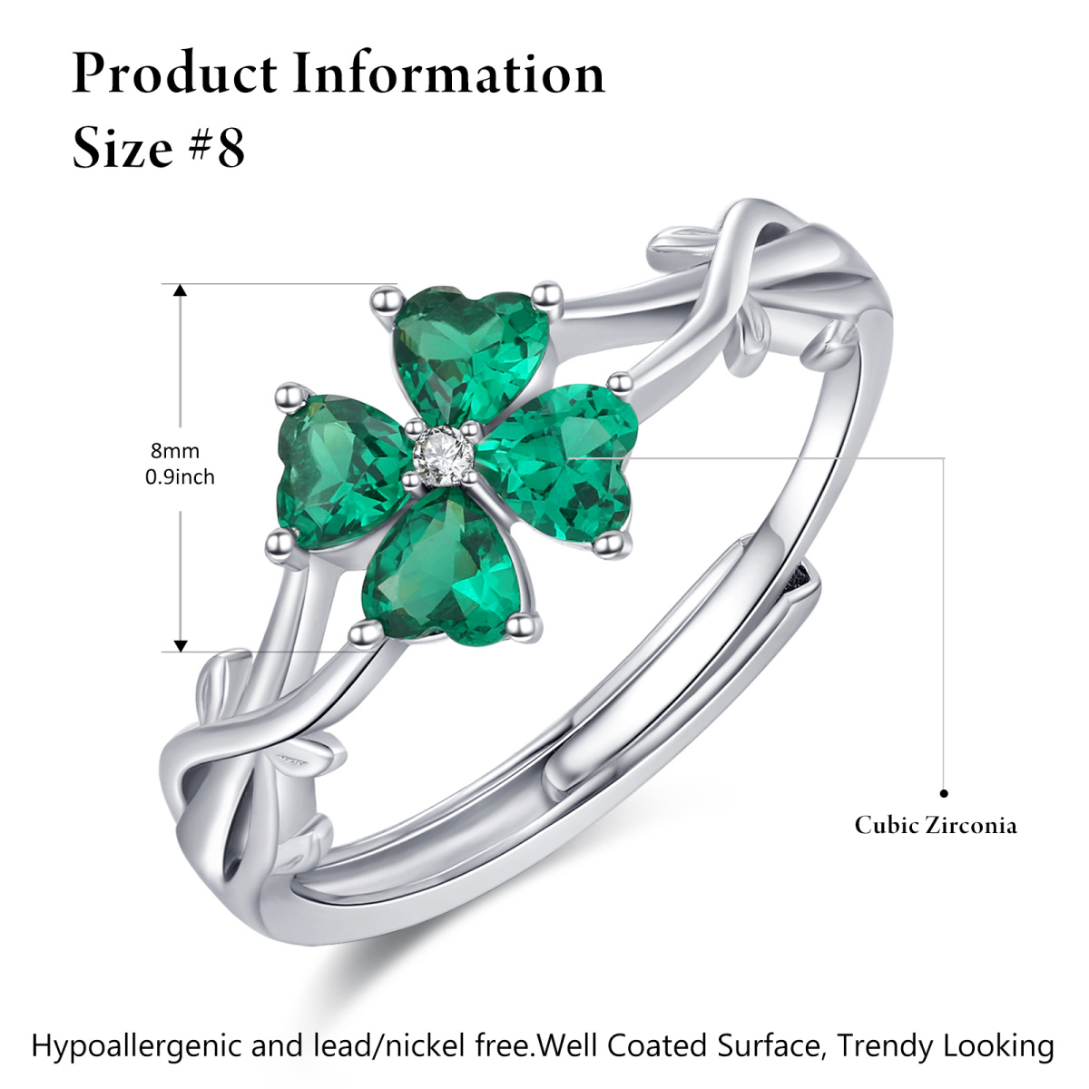 Sterling Silver Heart Shaped Cubic Zirconia Four Leaf Clover & Ivy Ring-6