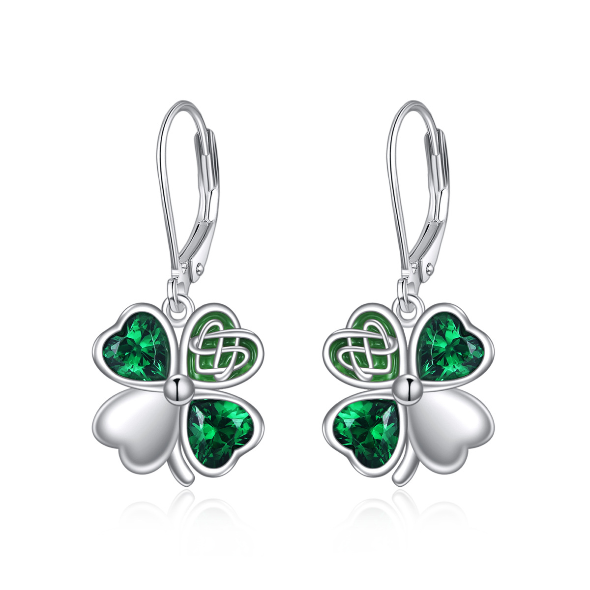 Sterling Silver Heart Shaped Cubic Zirconia Four Leaf Clover Lever-back Earrings-1