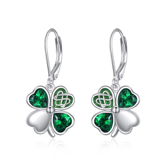 Sterling Silver Heart Shaped Cubic Zirconia Four Leaf Clover Lever-back Earrings-1