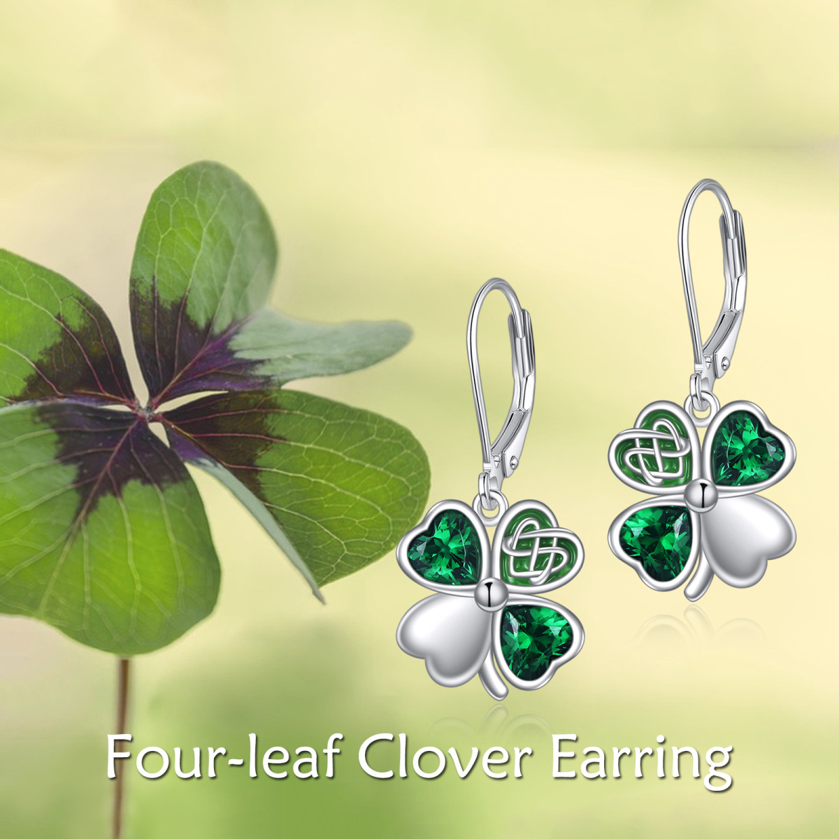 Sterling Silver Heart Shaped Cubic Zirconia Four Leaf Clover Lever-back Earrings-6