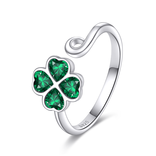 Sterling Silver Heart Shaped Cubic Zirconia Four Leaf Clover Open Ring