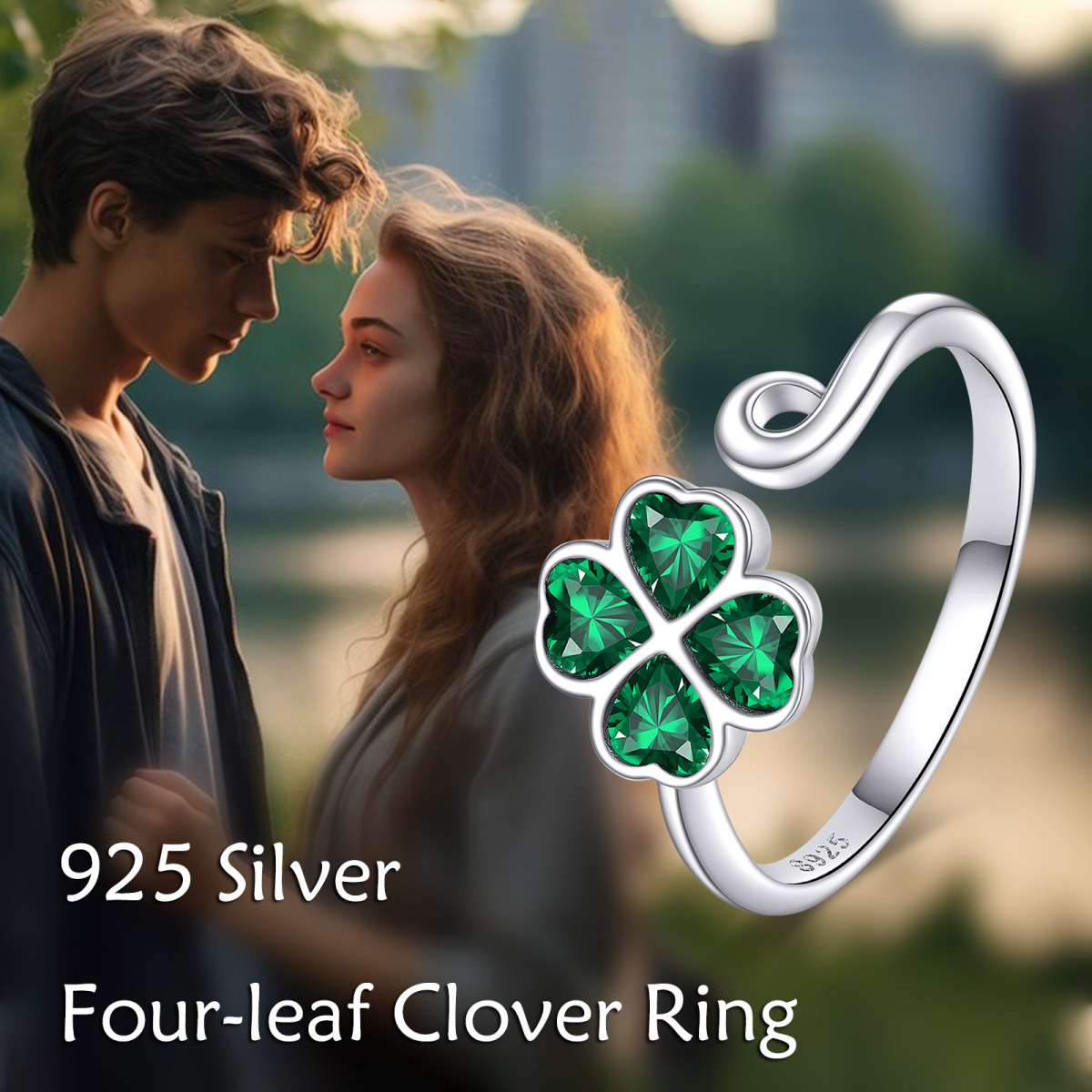 Sterling Silver Heart Shaped Cubic Zirconia Four Leaf Clover Open Ring-3