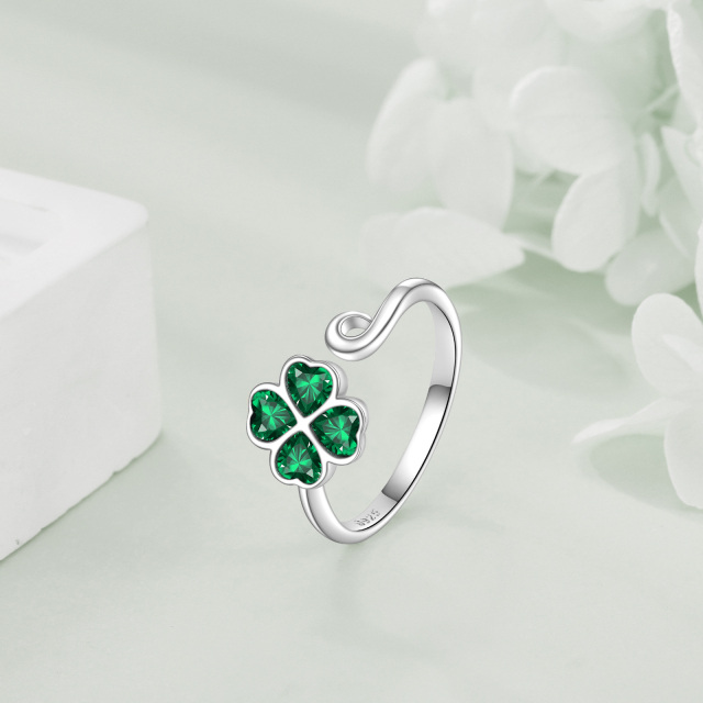 Anello aperto con quadrifoglio in argento sterling a forma di cuore con zirconi cubici-6