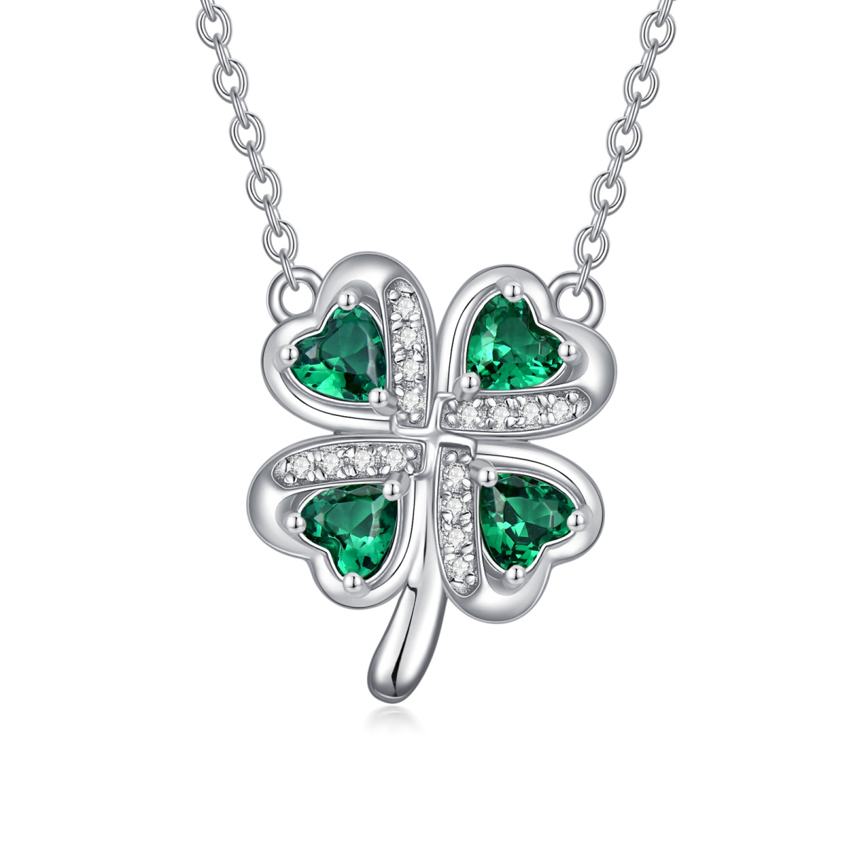 Sterling Silver Heart Shaped Cubic Zirconia Four Leaf Clover Pendant Necklace-1