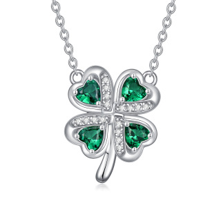 Sterling Silver Heart Shaped Cubic Zirconia Four Leaf Clover Pendant Necklace-17