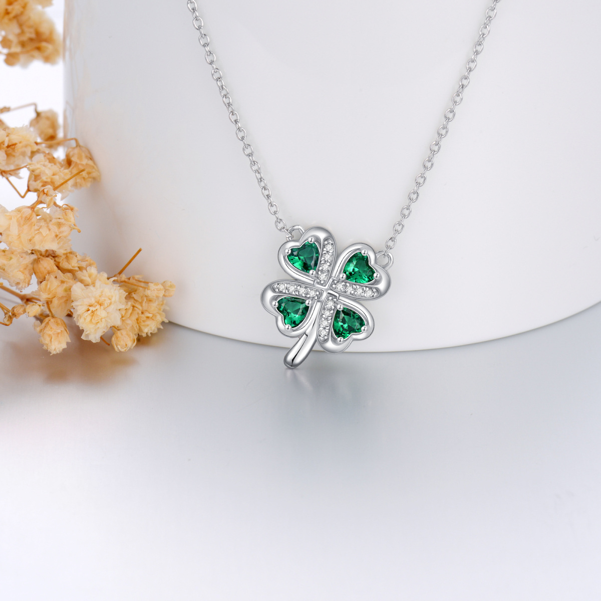 Sterling Silver Heart Shaped Cubic Zirconia Four Leaf Clover Pendant Necklace-3