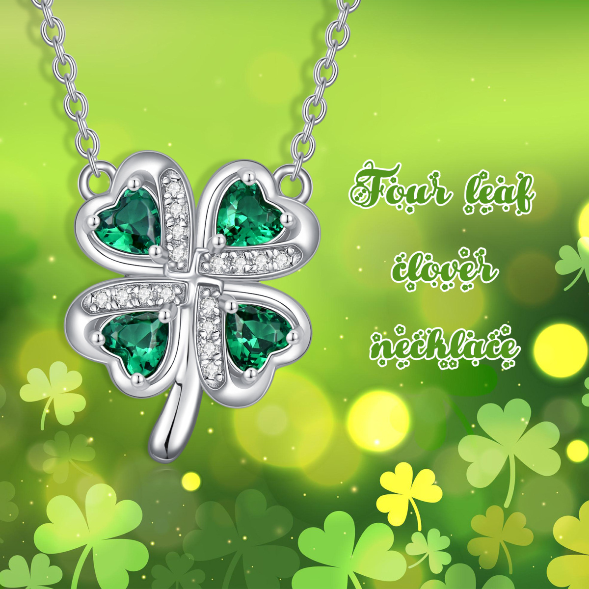 Sterling Silver Heart Shaped Cubic Zirconia Four Leaf Clover Pendant Necklace-6