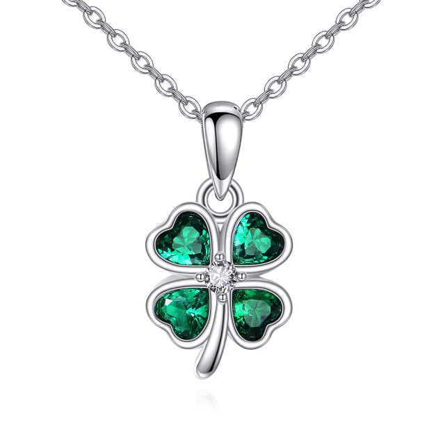 Sterling Silver Heart Shaped Cubic Zirconia Four Leaf Clover Pendant Necklace-1