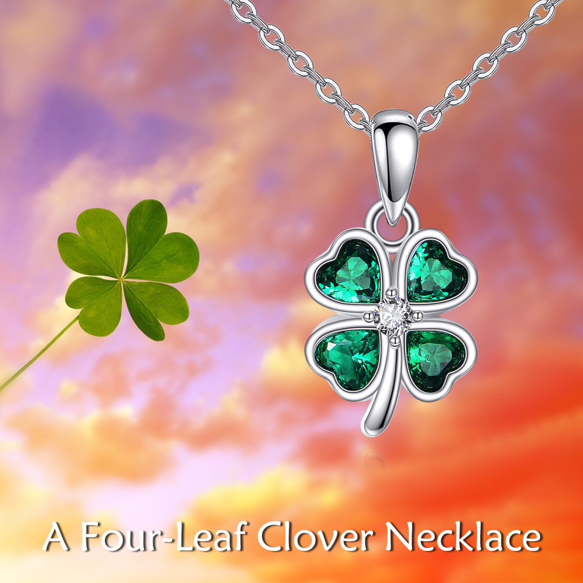 Sterling Silver Heart Shaped Cubic Zirconia Four Leaf Clover Pendant Necklace-6