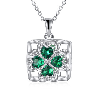 Sterling Silver Heart Shaped Cubic Zirconia Four Leaf Clover & Square Pendant Necklace-10