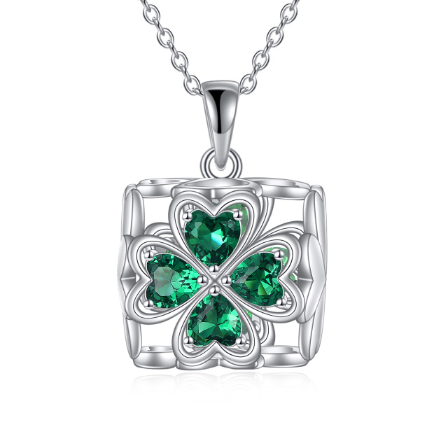 Sterling Silver Heart Shaped Cubic Zirconia Four Leaf Clover & Square Pendant Necklace-1