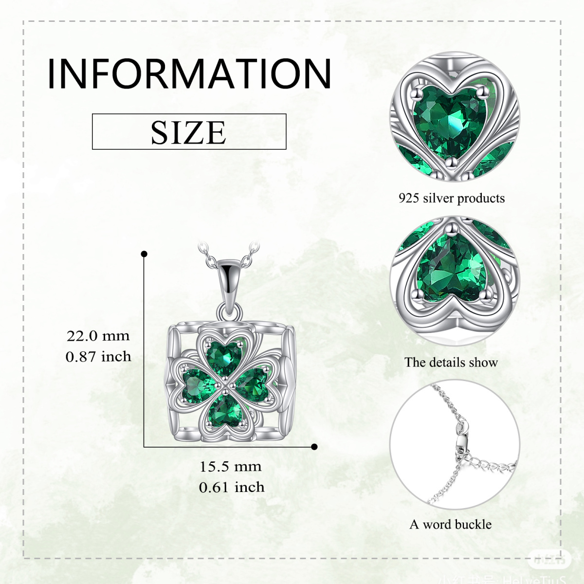 Sterling Silver Heart Shaped Cubic Zirconia Four Leaf Clover & Square Pendant Necklace-5