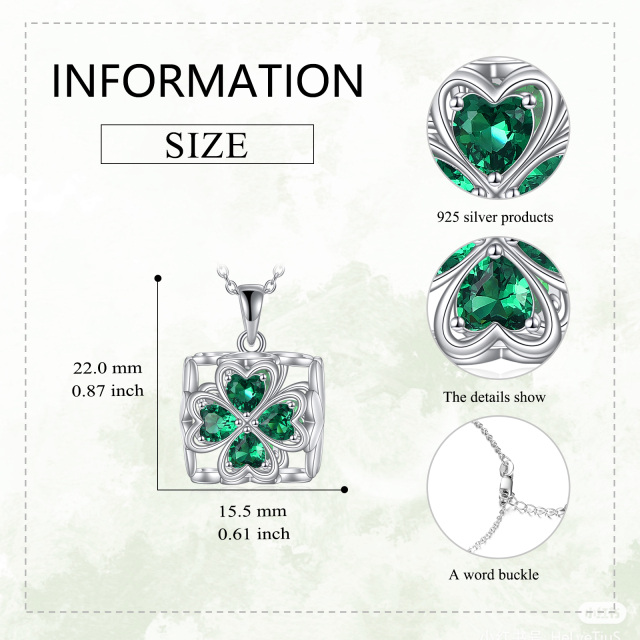 Collana con ciondolo quadrato e quadrifoglio a forma di cuore in argento 925 con zirconia-5