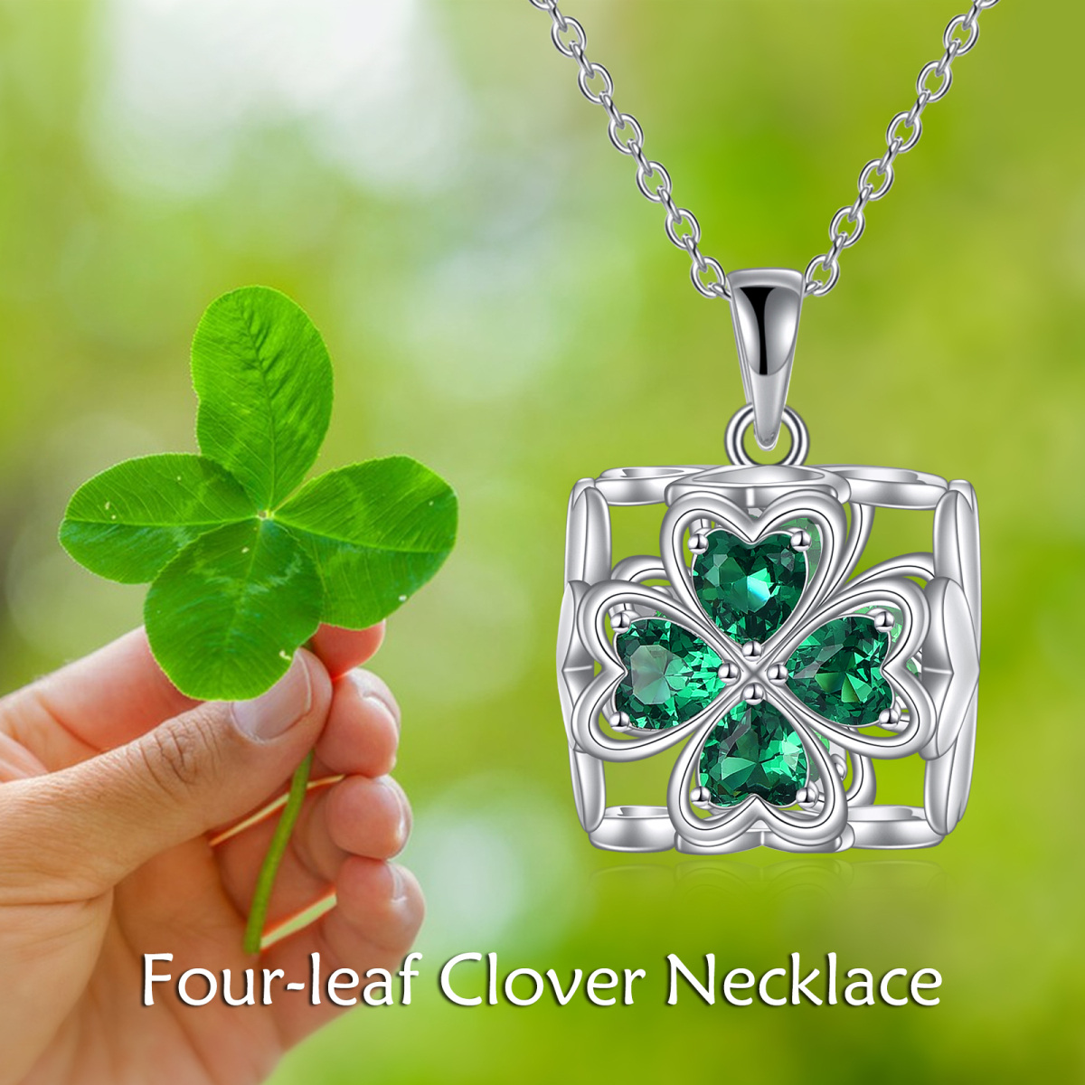 Sterling Silver Heart Shaped Cubic Zirconia Four Leaf Clover & Square Pendant Necklace-6