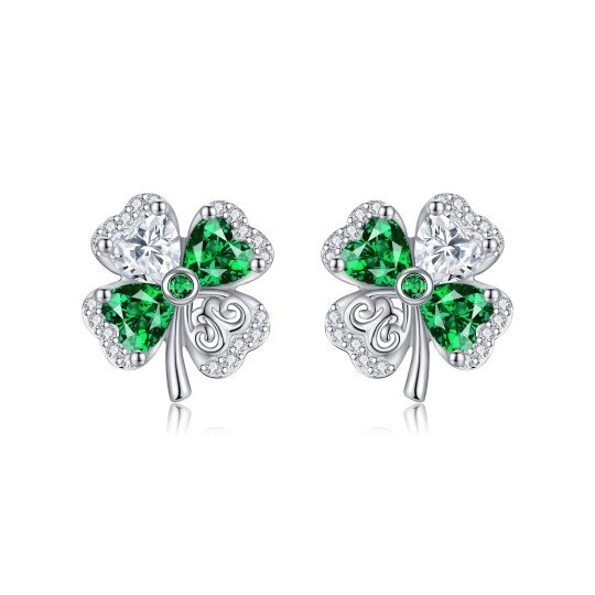 Sterling Silver Heart Shaped Cubic Zirconia Four Leaf Clover Stud Earrings