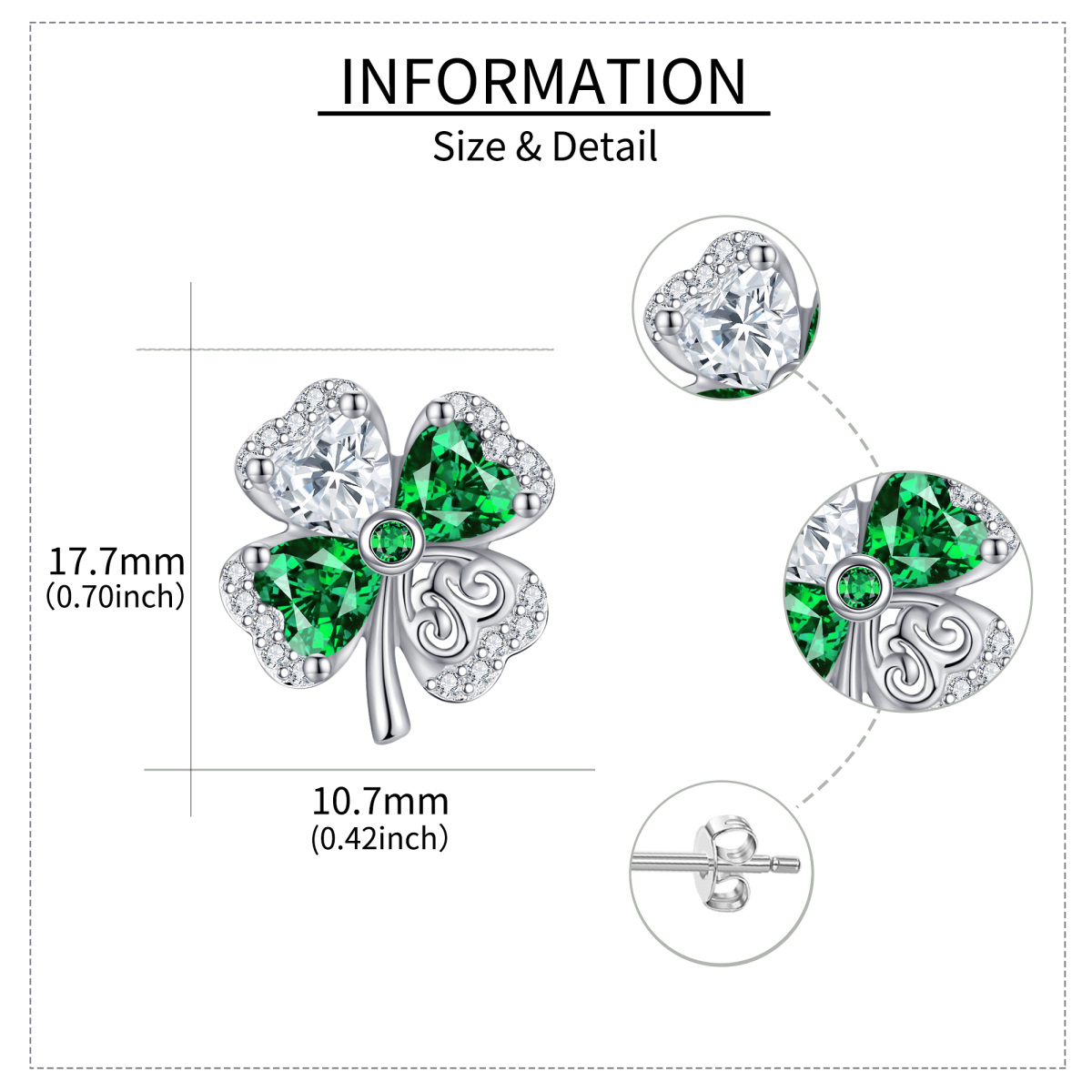 Pendientes de plata de ley con circonita cúbica en forma de corazón y trébol de cuatro hojas-5