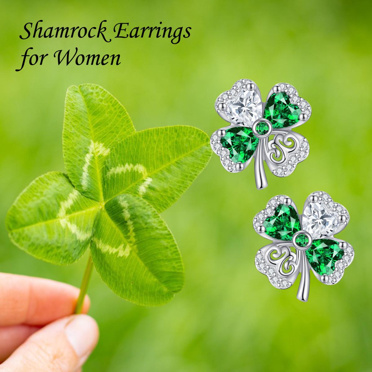 Sterling Silver Heart Shaped Cubic Zirconia Four Leaf Clover Stud Earrings-6