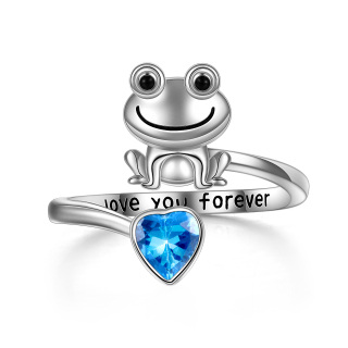 Sterling Silver Heart Cubic Zirconia Frog & Heart Open Ring With Engraved Word-58