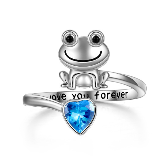 Offener Ring aus Sterlingsilber mit Herz und Zirkonia, Frosch und Herz, mit eingraviertem Wort