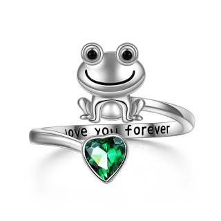 Sterling Silver Heart Shaped Cubic Zirconia Frog & Heart Open Ring With Engraved Word-14