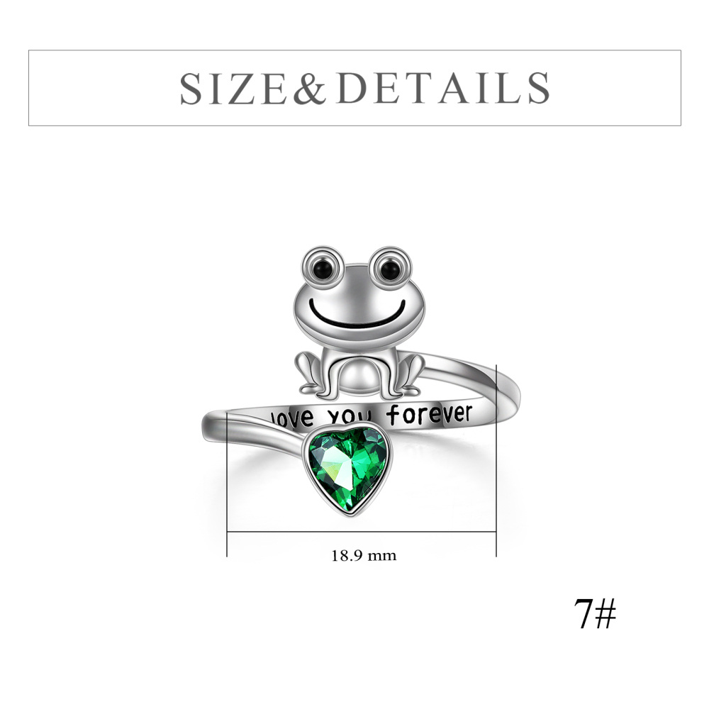 Sterling Silver Heart Shaped Cubic Zirconia Frog & Heart Open Ring With Engraved Word-3