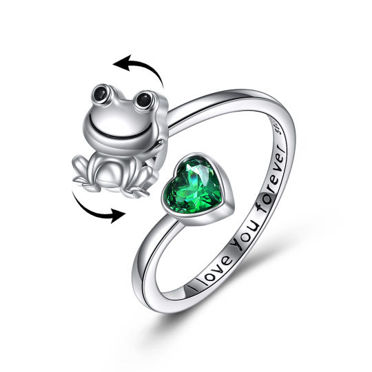 Anello con incisione a forma di rana a forma di cuore in argento sterling con zirconi cubici