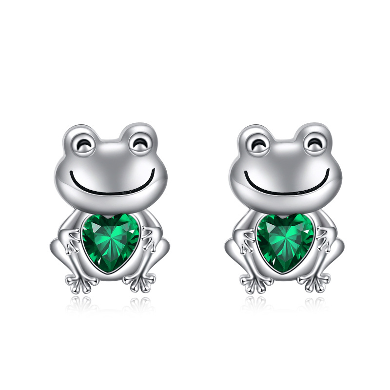 Sterling Silver Heart Shaped Cubic Zirconia Frog & Heart Stud Earrings