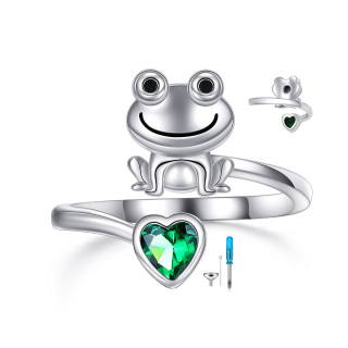 Sterling Silver Heart Shaped Cubic Zirconia Frog Urn Ring-14