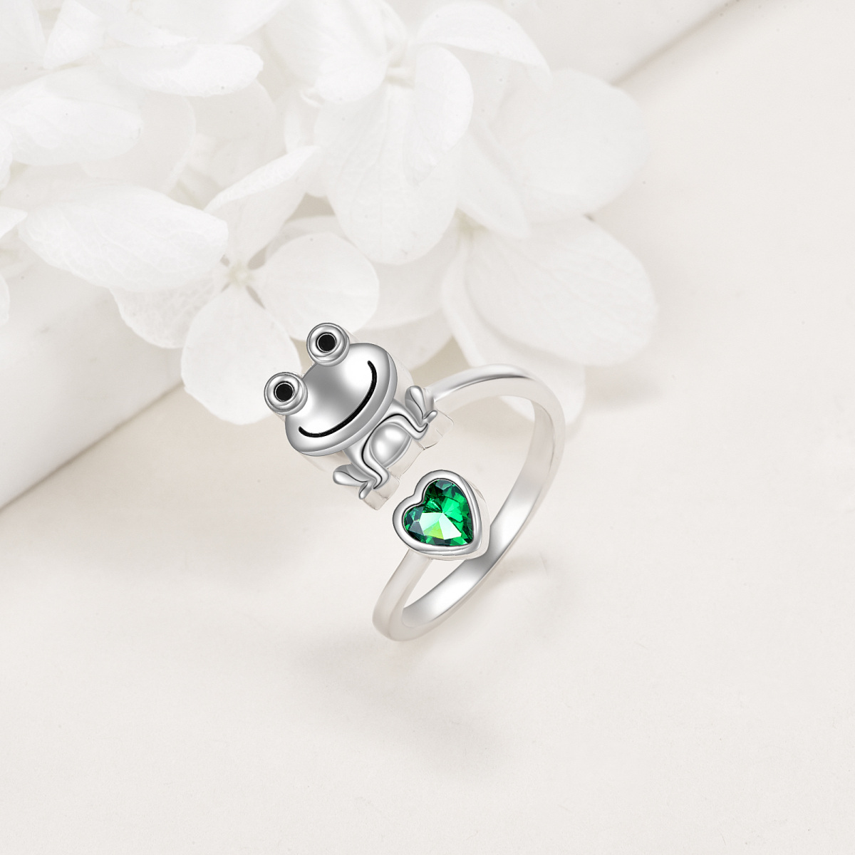 Sterling Silver Heart Shaped Cubic Zirconia Frog Urn Ring-4