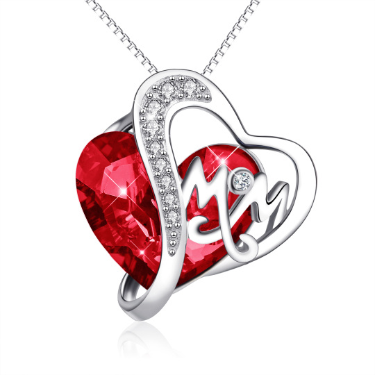 Sterling Silver Heart Shaped Garnet Crystal Mom Pendant Necklace