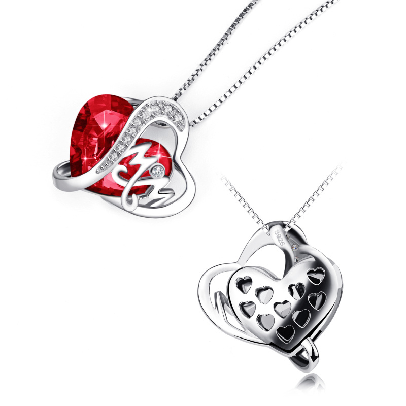 Sterling zilveren hartvormige granaat kristal moeder hanger ketting-3