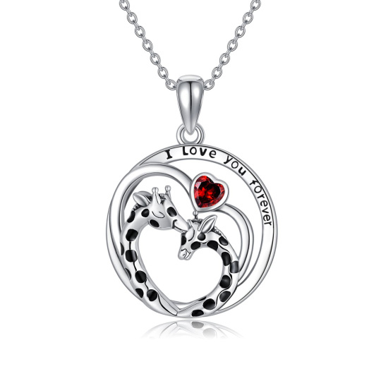 Sterling Silver Heart Shaped Cubic Zirconia Giraffe & Heart Pendant Necklace with Engraved Word