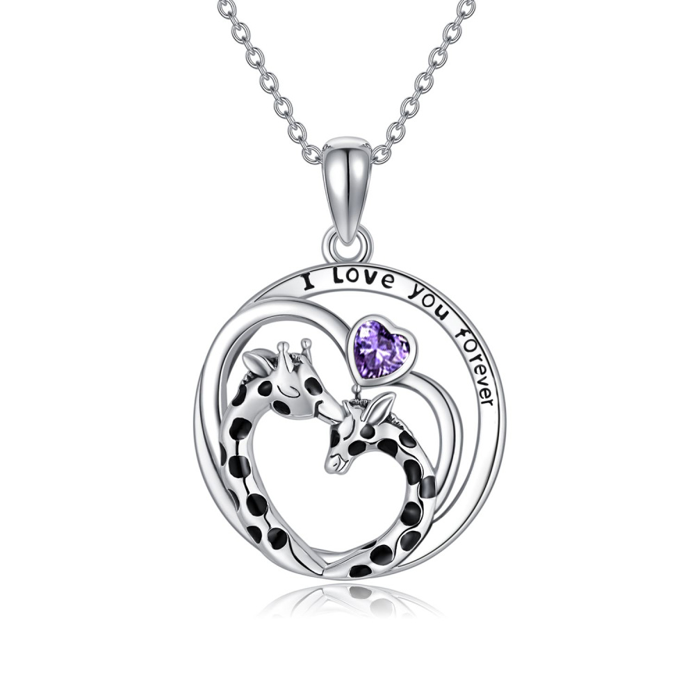 Sterling Silver Heart Purple Cubic Zirconia Giraffe Pendant Necklace with Engraved Word-1