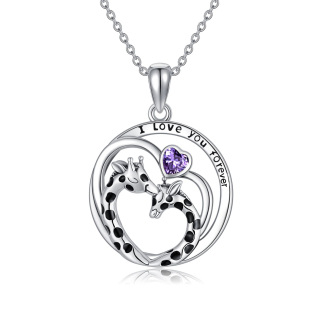 Sterling Silver Heart Purple Cubic Zirconia Giraffe Pendant Necklace with Engraved Word-8